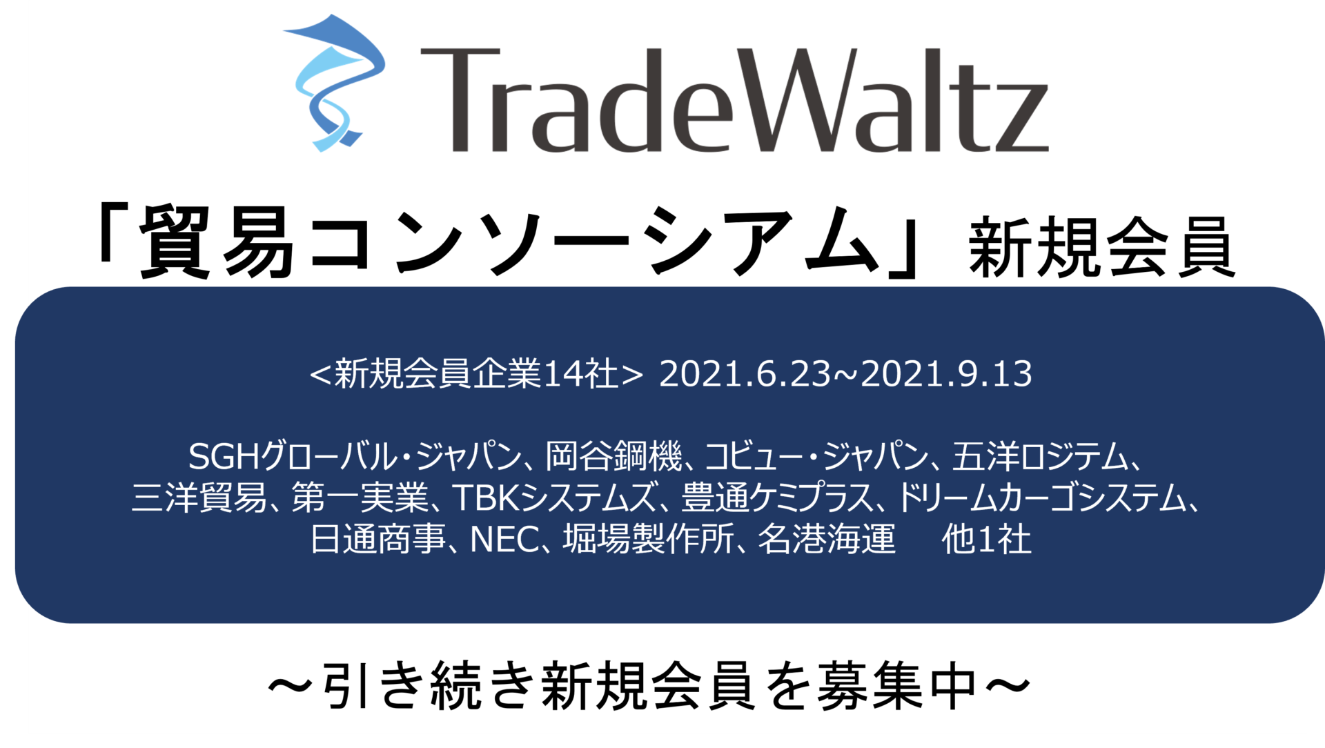 貿易DXを推進するトレードワルツ社が事務局を務める 「貿易コンソーシアム」会員が全65社に拡大。 商社やメーカー、物流企業等幅広い業態の企業が続々参加