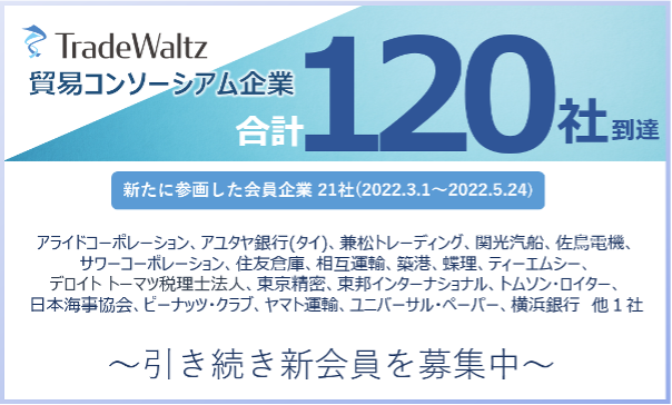 トレードワルツが事務局を務める「貿易コンソーシアム」 一般公募開始から1年で会員企業数全120社到達 ～日本企業に加え、海外メガバンクも新規参入～