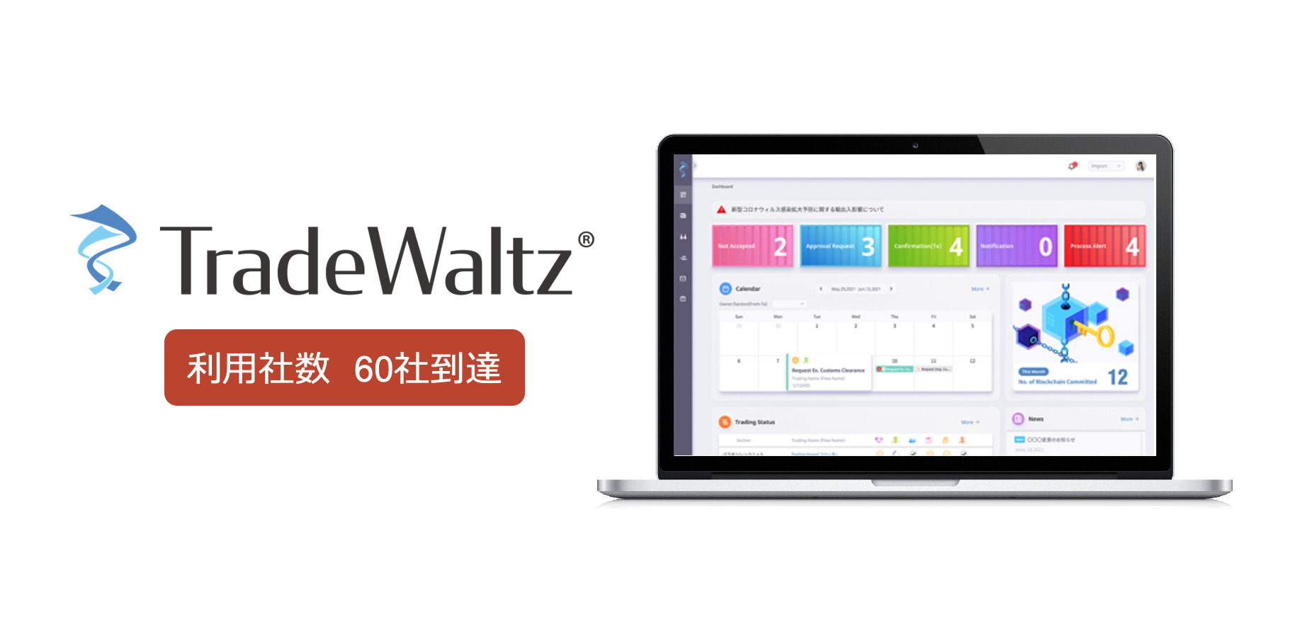 貿易情報連携プラットフォーム「TradeWaltz®」2か月で商用利用社数20社増、計60社到達 ~2022年4月商用版リリース以降、日本市場利用拡大中~