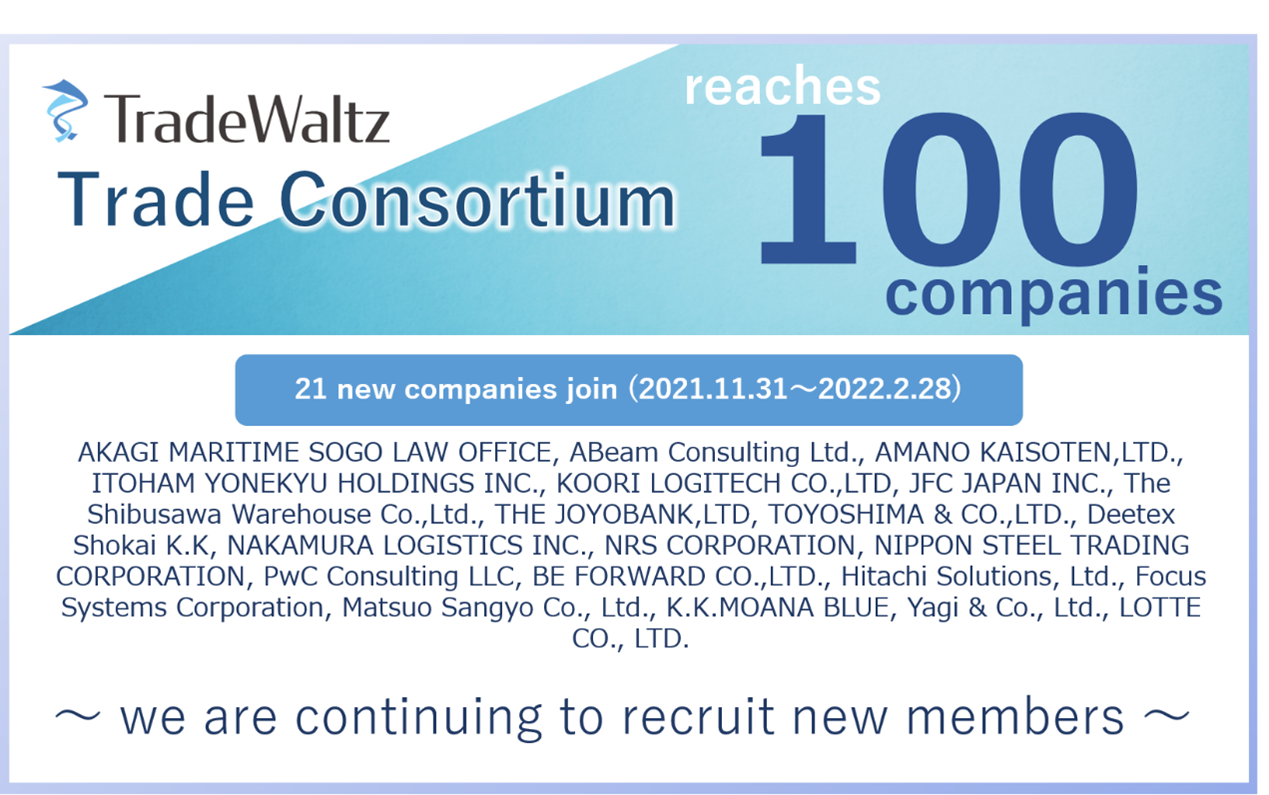 The Trade Consortium, Which TradeWaltz Inc. Serves as Secretariat, Reaches 100 Companies in The 9 Months Since General Registration Commenced